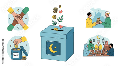 Charity Donation Box with Crescent Moon Symbol Receives Generous Contributions from People