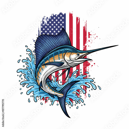 american flag sailfish jumping out of water with blue ocean splash vector illustration