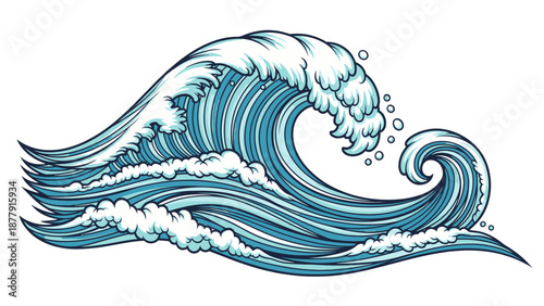 A large ocean wave crashing with white foam and blue water.