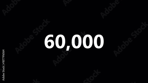 Number counter animation from zero to sixty thousand numbers on a transparent background, Count-up animation from 0 to 60,000 with alpha channel.