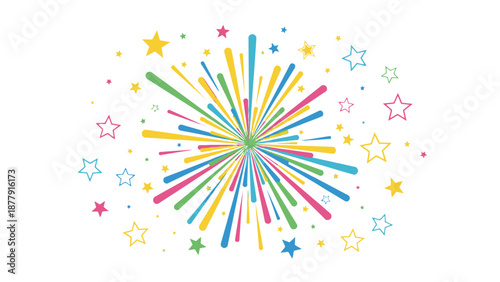 Colorful Fireworks Exploding with Stars and Confetti.