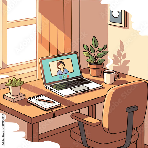 Laptop with video call on a desk in a sunlit room.
