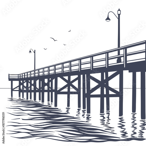 Wooden pier stretching into calm water with street lamps and seagulls