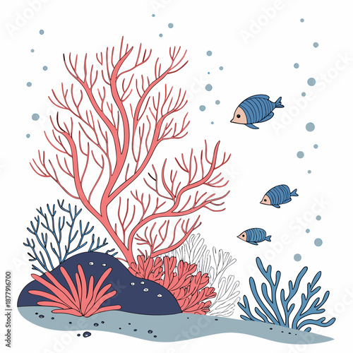 Coral reef scene with fish and seaweed on white background