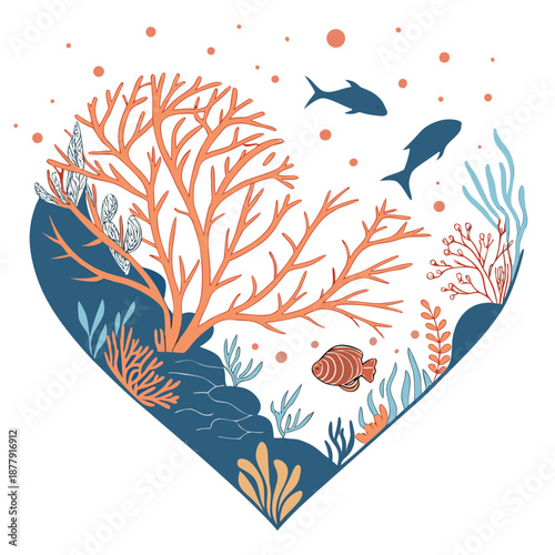 Heart shaped coral reef with fish and seaweed underwater scene