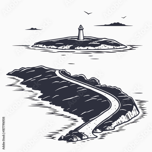 Thin strip of land connecting two islands with lighthouse