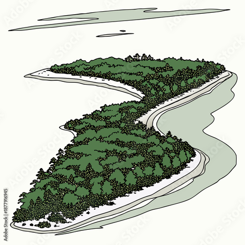 Thin strip of land connecting two islands with white sandy beaches and green trees