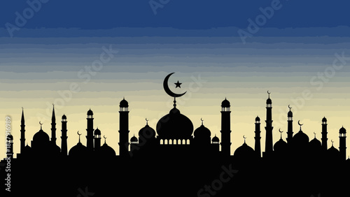 Silhouette of a mosque with crescent moon at dusk, viewed from a distance, showcasing architectural details and serene atmosphere