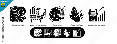 Crude oil icons outline key aspects like storage, extraction, and consumption. glyph icons