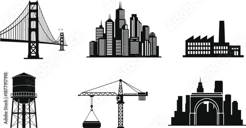 Urban infrastructure silhouette set featuring city skyline, bridge, factory, crane, water tower, and monument for industrial and architectural themes