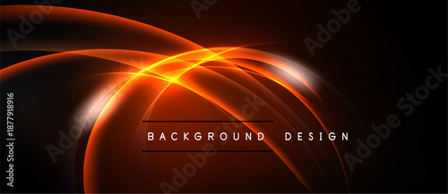 Dark background features vibrant orange curves. Lines intersect creating glowing effect. Text reads background design. Modern abstract visual.