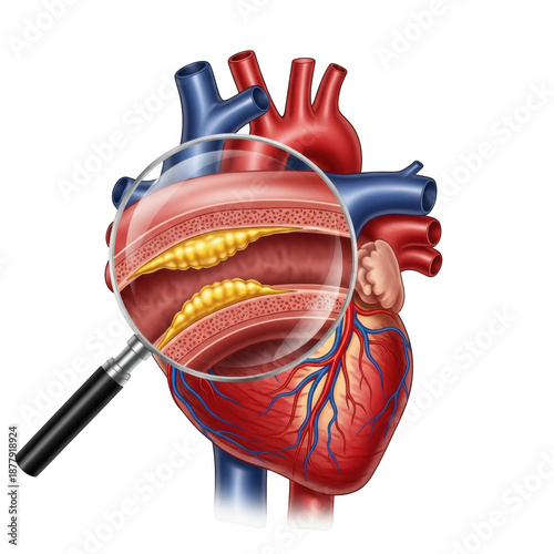 Heart disease examination with magnifying glass isolated on transparent background