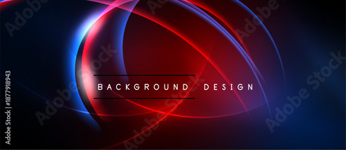 Abstract neon lines create dynamic curves, vibrant red, blue hues. Dark background emphasizes glowing shapes, modern design element.