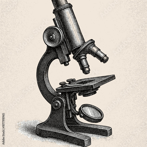 Detailed vintage illustration of an antique microscope on a textured background with copy space