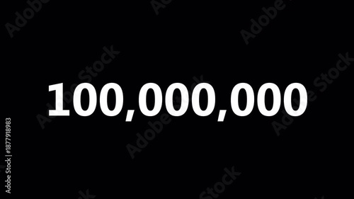 Number counter animation from zero to one hundred million on a transparent background, Count-up animation from 0 to 100,000,000 with alpha channel.