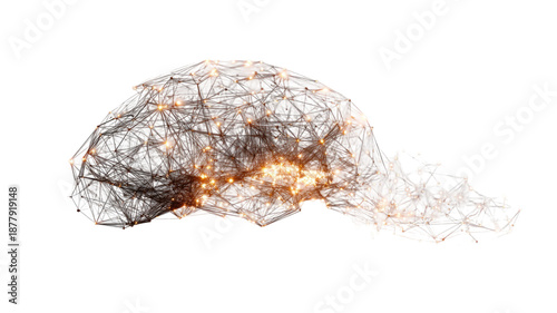 Abstract digital human brain formed by glowing neural network connections artificial intelligence data visualization technology artwork isolated on white background