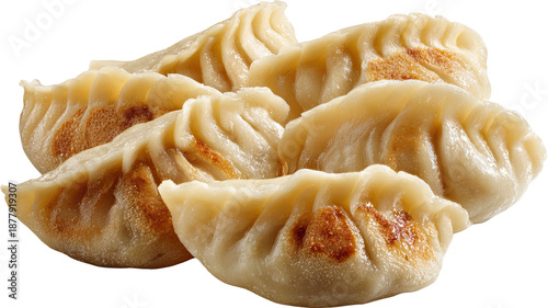 Steamed Asian dumplings with golden seared bottoms traditional cuisine closeup food photography isolated on white background