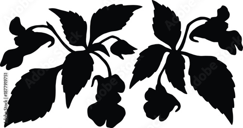 Flowering plant silhouette with leaves and blossoms, botanical black vector design, nature illustration for crafts, cut files, printing and decoration