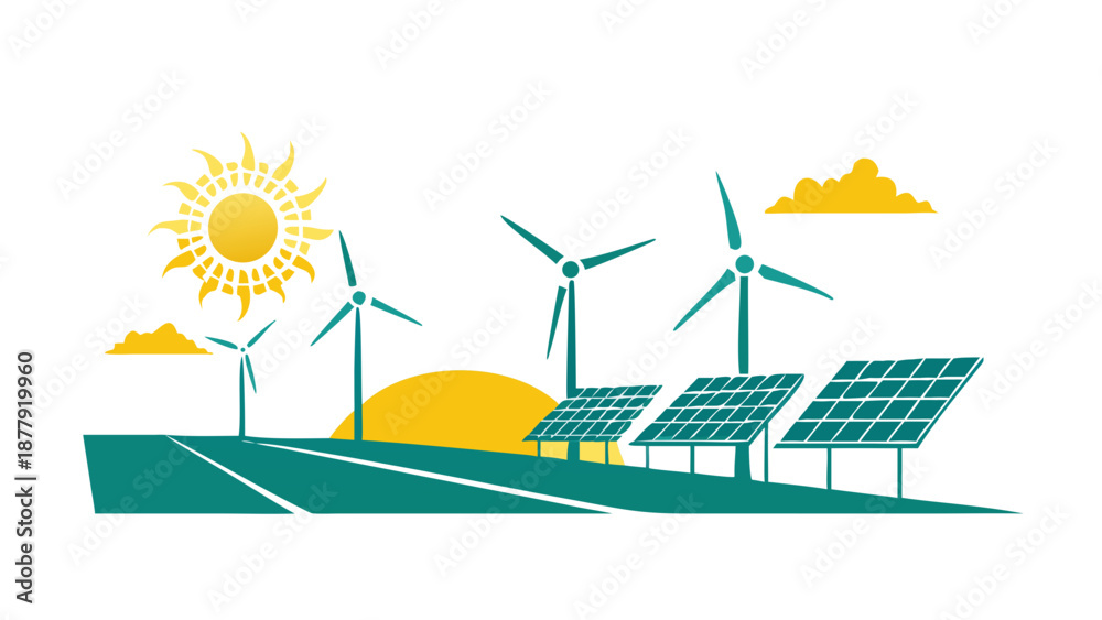 Obraz premium Landscape silhouette of wind turbines and solar panels under a bright sun, renewable energy industry vector.