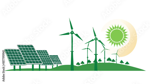 Landscape silhouette of wind turbines and solar panels under a bright sun, renewable energy industry vector.