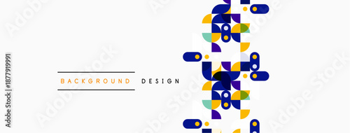 Abstract geometric shapes, vibrant colors, modern design. Background features overlapping squares, circles, rectangles. Minimalist aesthetic.