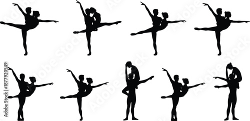 Silhouette ballet couple performing classical pas de deux poses, elegant partner dance movement, male and female dancers isolated on white background