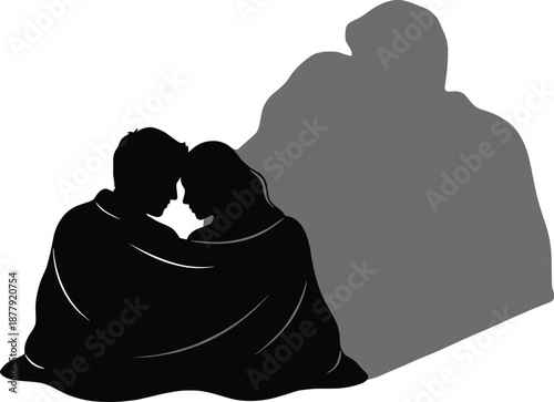 Silhouette couple embracing with shadow background, emotional love and protection concept, relationship intimacy, togetherness and trust illustration artwork