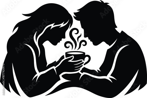 Silhouette couple sharing hot coffee cup together, romantic moment illustration, love and relationship concept, cozy winter drink, intimate lifestyle artwork