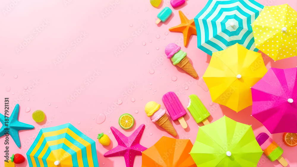 custom made wallpaper toronto digitalSummer Fun Flat Lay Beach Umbrellas, Ice Cream, and Starfish on Pink Background