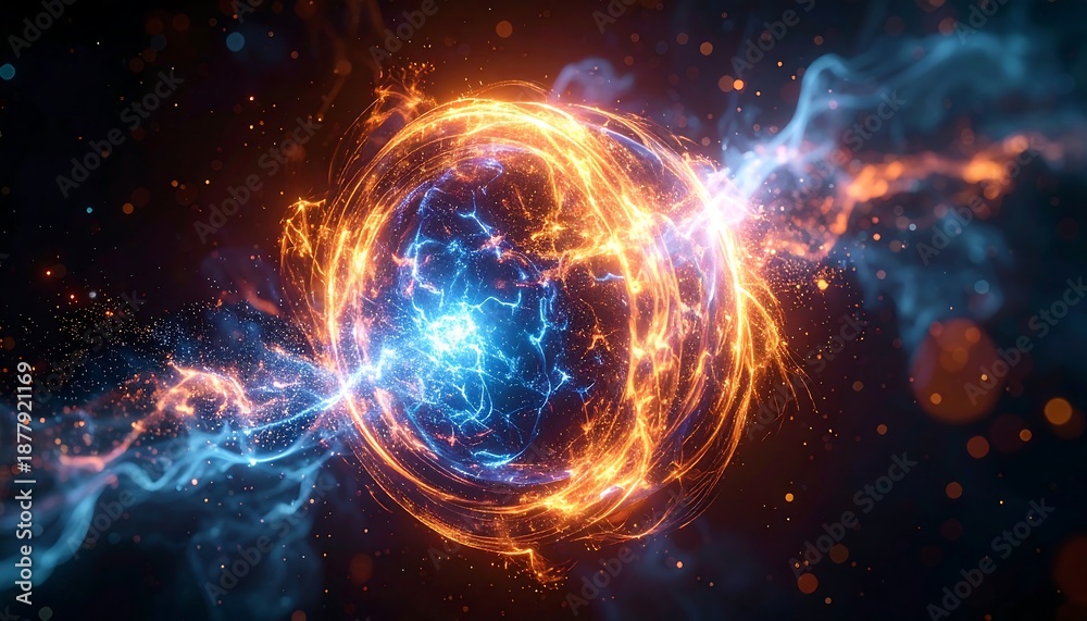 Fototapeta premium Cosmic Ignition: An abstract visual showcases a vibrant celestial event, with a dynamic display of energy radiating from a central core, depicting a fusion of cosmic elements.