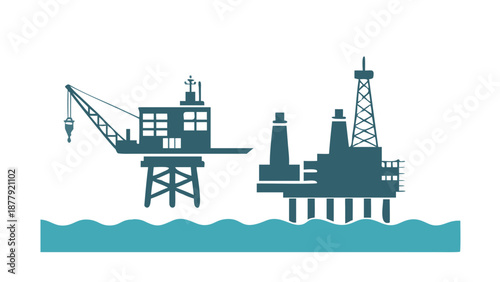 Industrial silhouette of an offshore oil rig in the ocean, energy production and fuel industry concept.