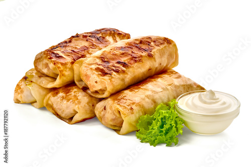 Cabbage Rolls with Sour Cream, isolated on white background