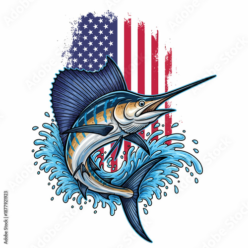 american flag sailfish jumping out of water with blue ocean splash vector illustration