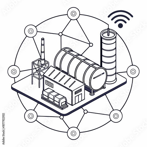 Smart industrial automation network connecting chemical facilities, representing seamless data flow and enhanced operational intelligence.