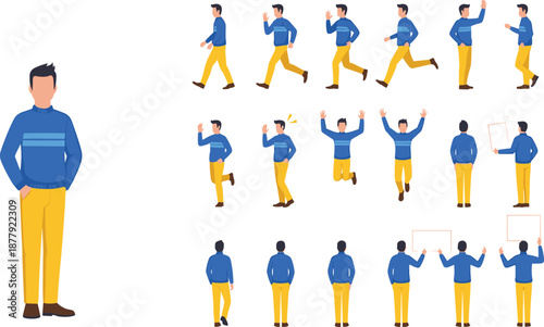 Male Character Animation Poses Vector Illustration Set Featuring Walking, Running, Jumping, Standing, and Presentation Actions for Motion Design, Explainer Videos, and UI Projects