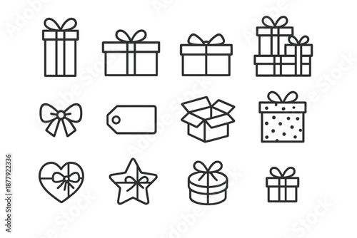 Gift Box Icon Set. Birthday gift boxes stack. Line outline icon set of birthday gift boxes stack: tall gift