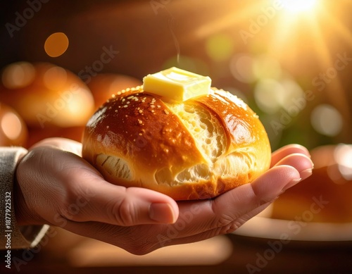 Warm Golden Sunlight Illuminates A Hand Holding A Freshly Baked Bread Roll Topped With Melting Butter