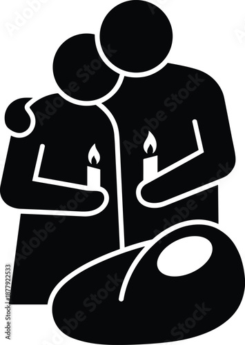 Silhouette parents lighting candles beside sleeping baby, peaceful family moment concept, warmth and protection, love and care, intimate emotional illustration artwork