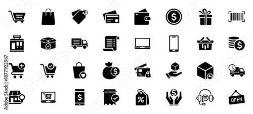 E-commerce and online shopping solid black icon set. Including shopping cart, payment methods, and delivery service icons design. Vector illustration