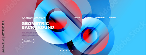 Abstract geometric background design. Vibrant colors, flowing shapes, website header section with navigation options. Modern aesthetic.