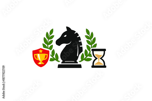 Chess knight trophy and hourglass on abstract background