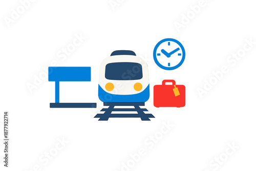 Train station scene with train, clock, and suitcase