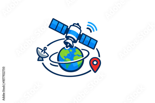 Satellite orbit around Earth with GPS pin and satellite dish