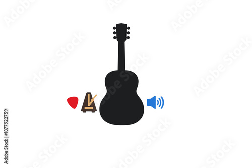 Guitar, Metronome, Pick and Speaker Icons on a Gradient Background