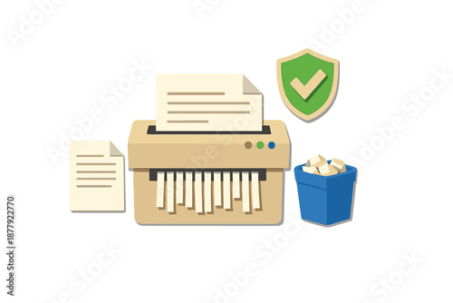 Document shredder, security shield and trash bin illustration