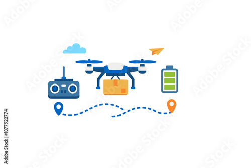 Drone delivery concept illustration with battery and remote control