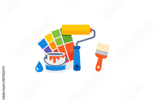 Paint bucket, roller, brush and color palette illustration