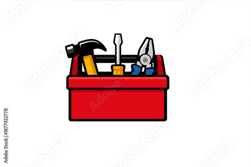 Red toolbox with hammer, screwdriver, and pliers