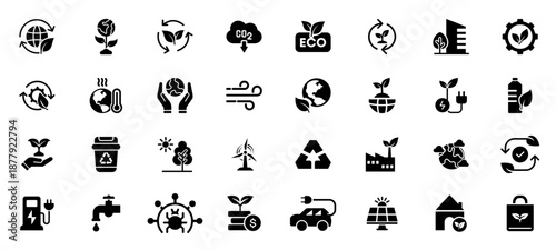 Environment and Nature Conservation solid black icon set. Including green energy, recycling, and global warming icons design. Vector illustration