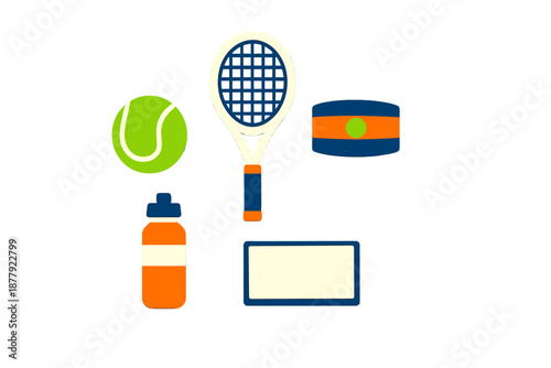 Tennis equipment collection on a gray background